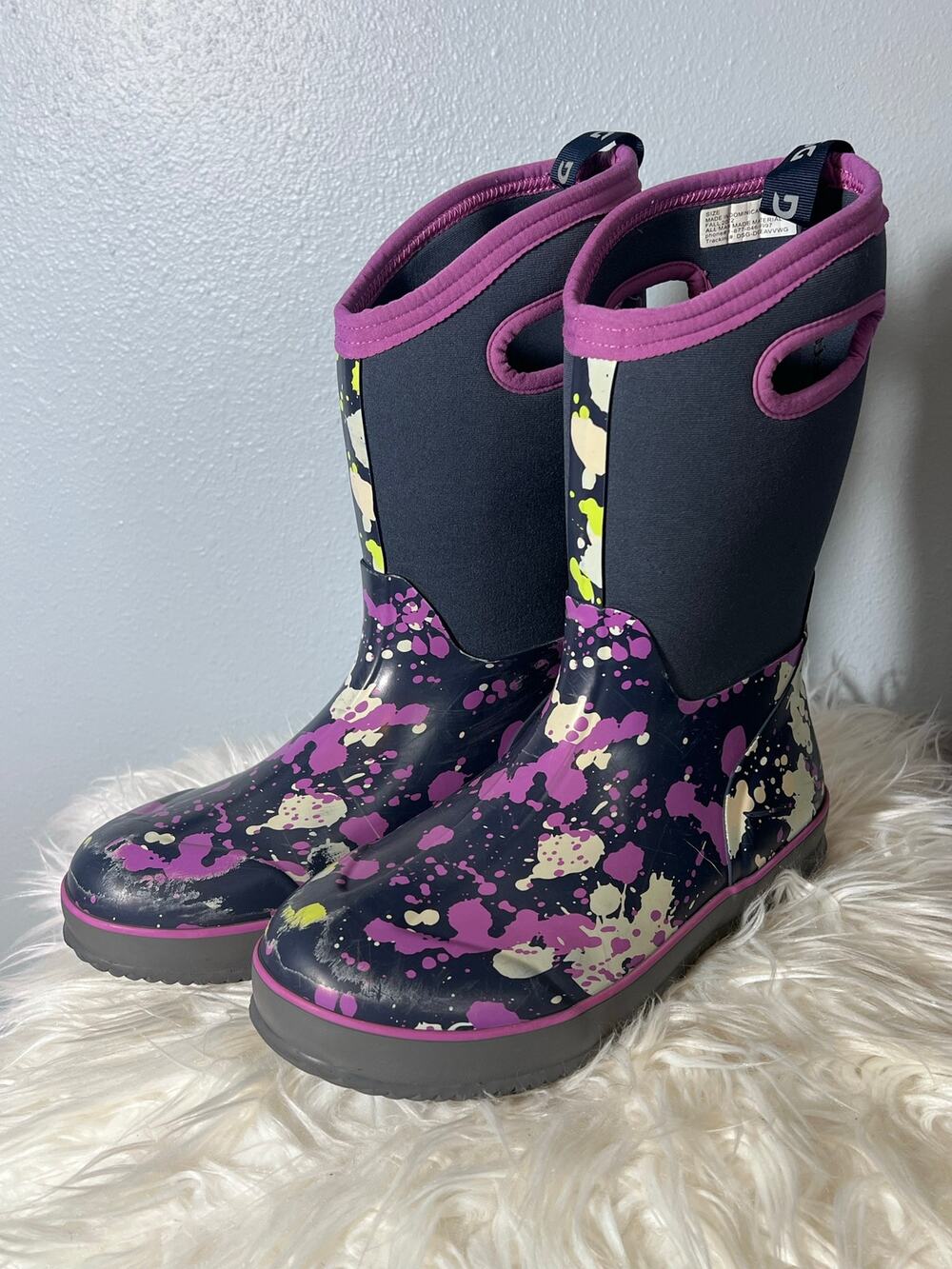 DSG Women’s Sz 7 Rain Boots Purple Paint Splatter Wearable Art Winter Pull On